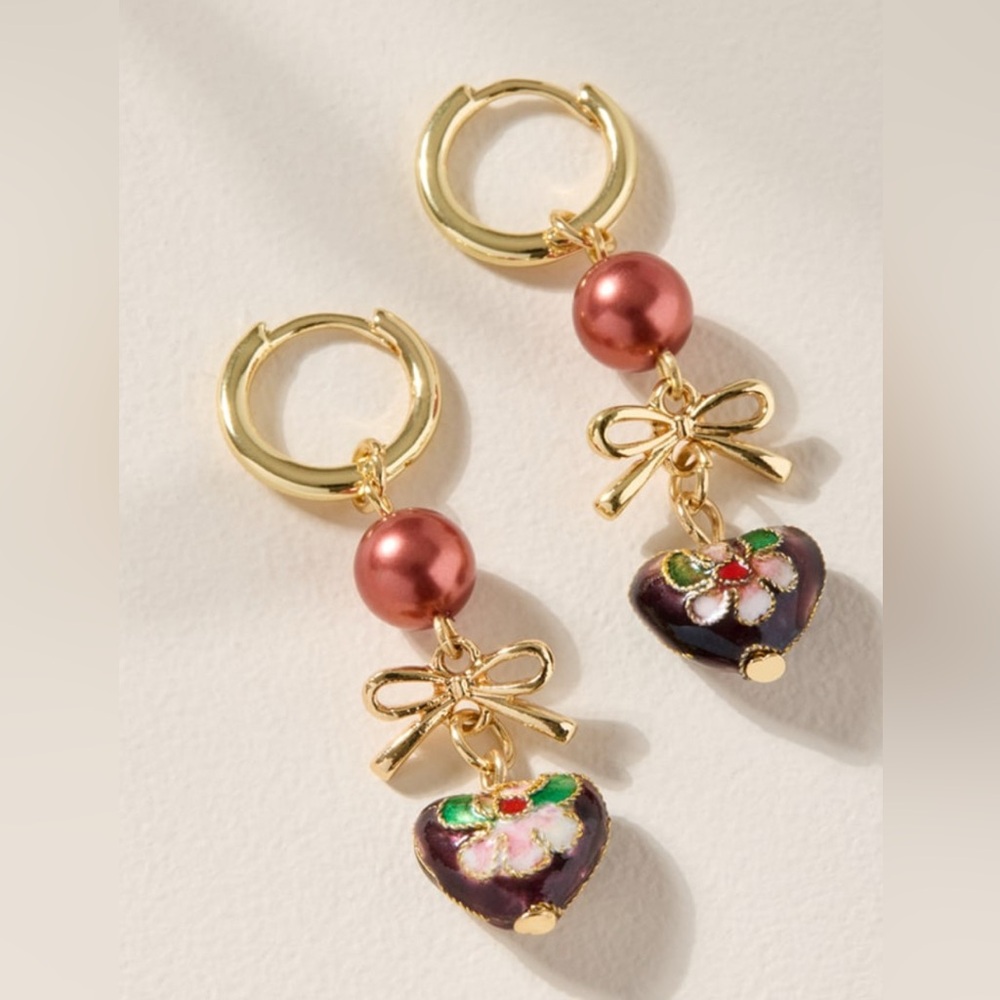 Francesca's Stacey Floral Heart Drop Bow Earrings, Maroon & Gold Colored